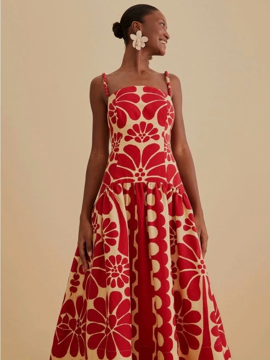 FARM Rio Dresses & Skirts - Red and Cream Floral Strap Sundress Palermo Sleeveless MIDI Dress